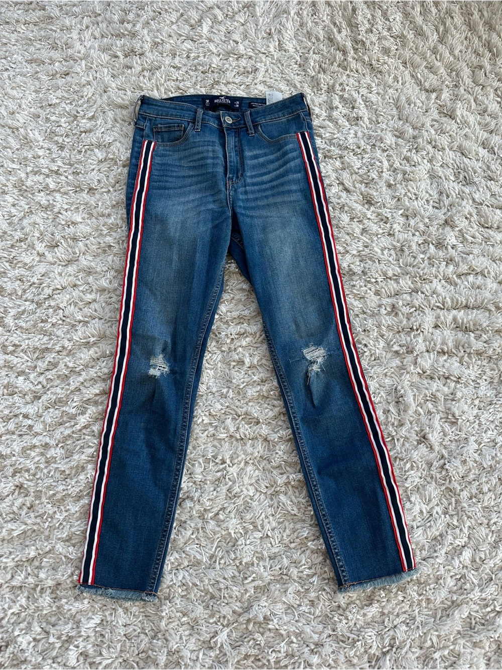Hollister Skinny Blue Jeans with Red & White Side Stripes